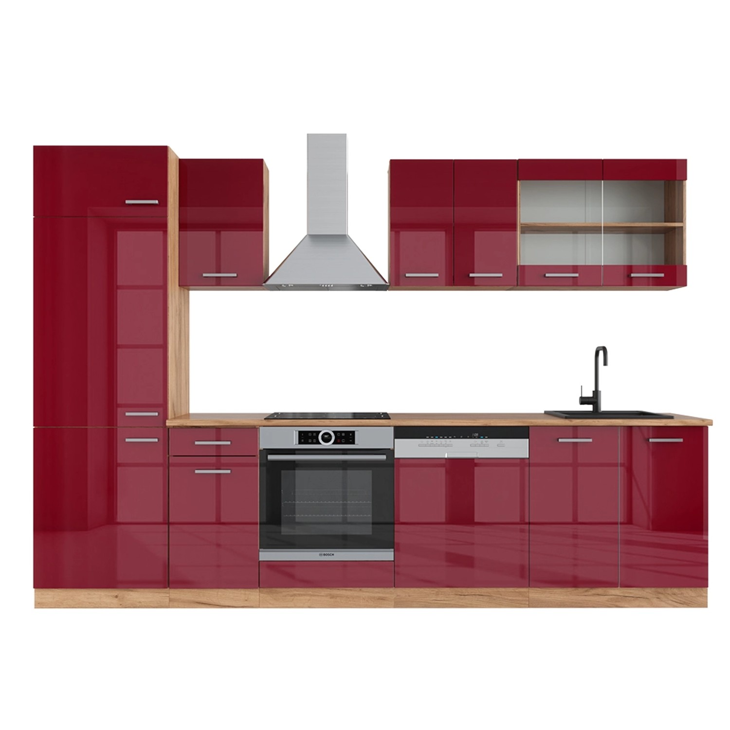 Vicco Küchenzeile R-Line, Bordeaux Hochglanz/Goldkraft Eiche, günstig online kaufen