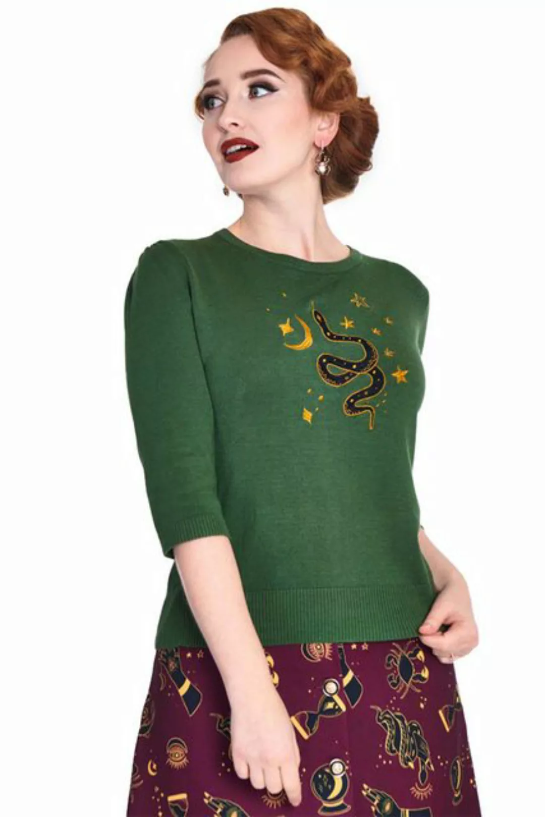 Voodoo Vixen Rundhalspullover Serpent Embroidered Sweater Grün Retro Vintag günstig online kaufen