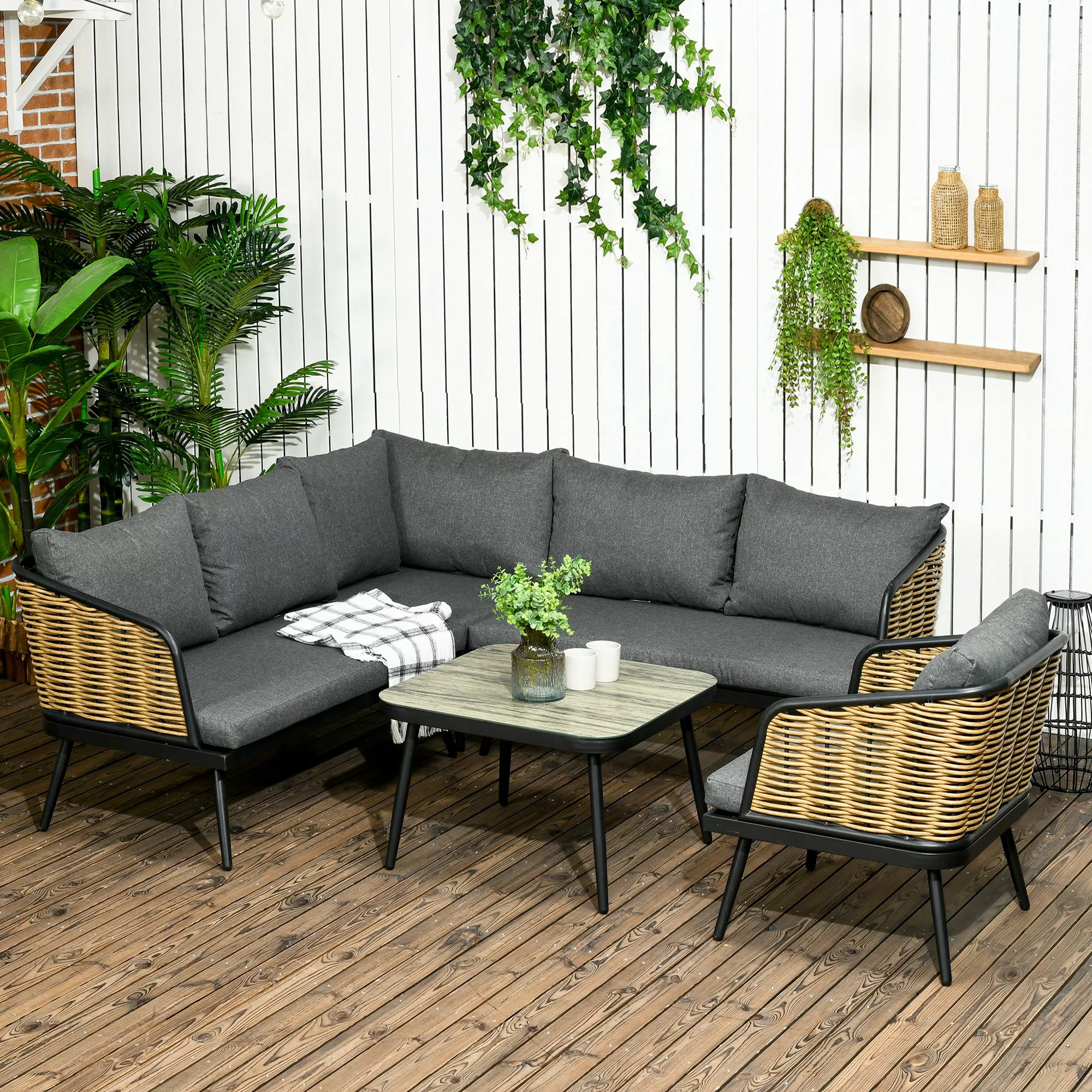 Outsunny Gartenmöbel-Set für 5 Personen Rattan Sitzgruppe mit Kissen Balkon günstig online kaufen