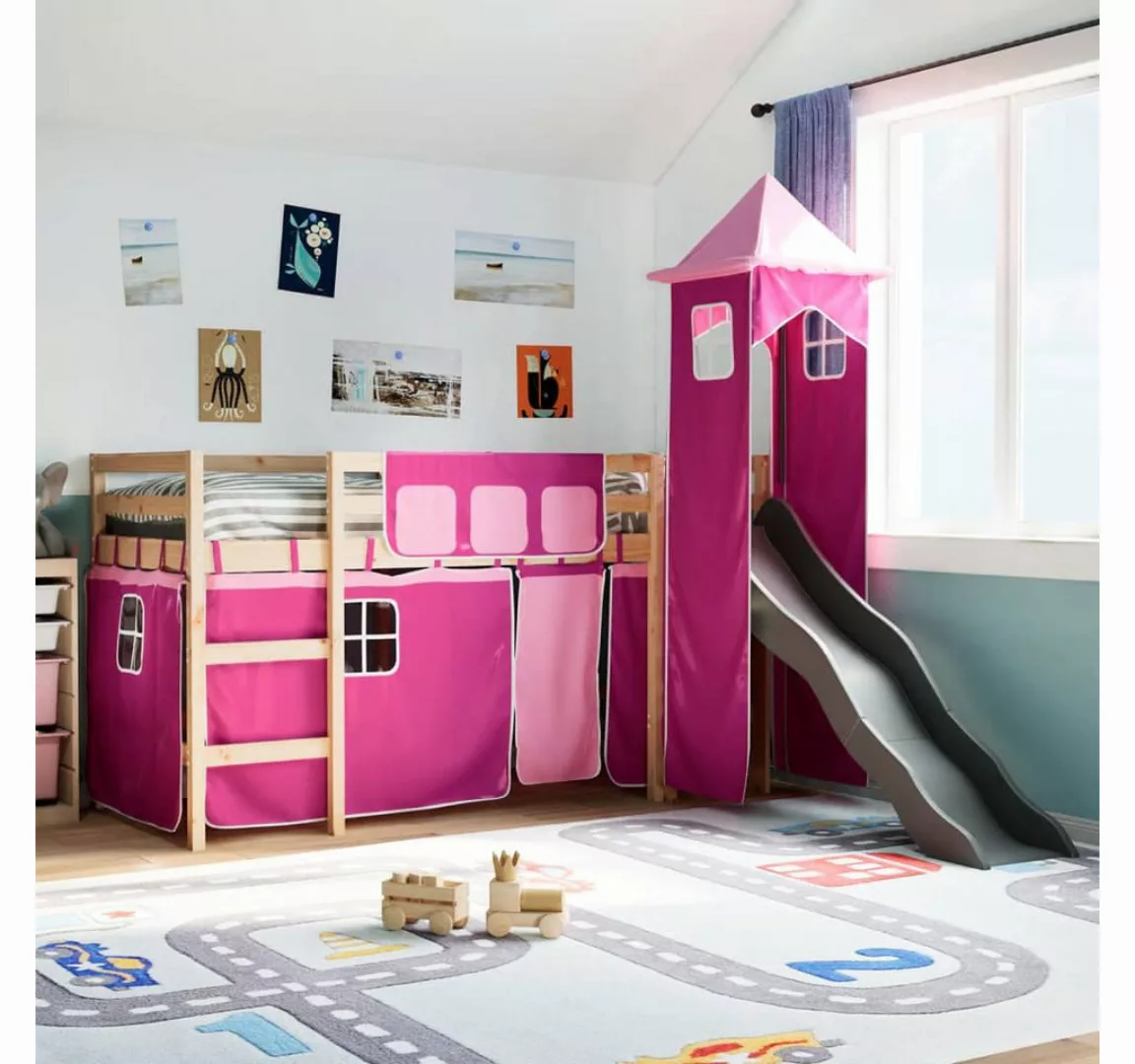 vidaXL Bett, Kinderhochbett mit Turm Rosa 80x200 cm Massivholz Kiefer günstig online kaufen