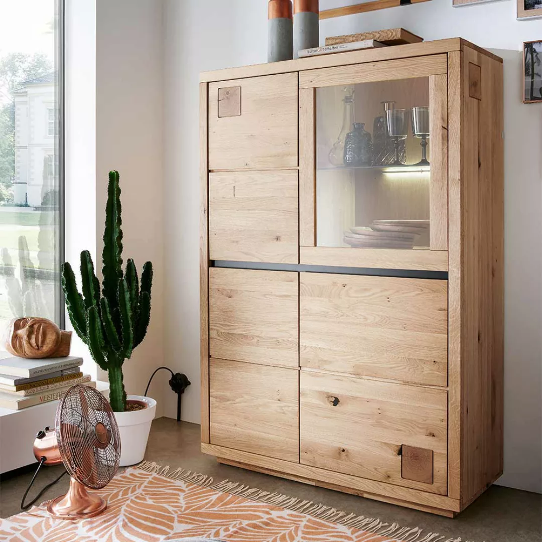 Highboard Wildeiche aus Massivholz Glastür rechts günstig online kaufen