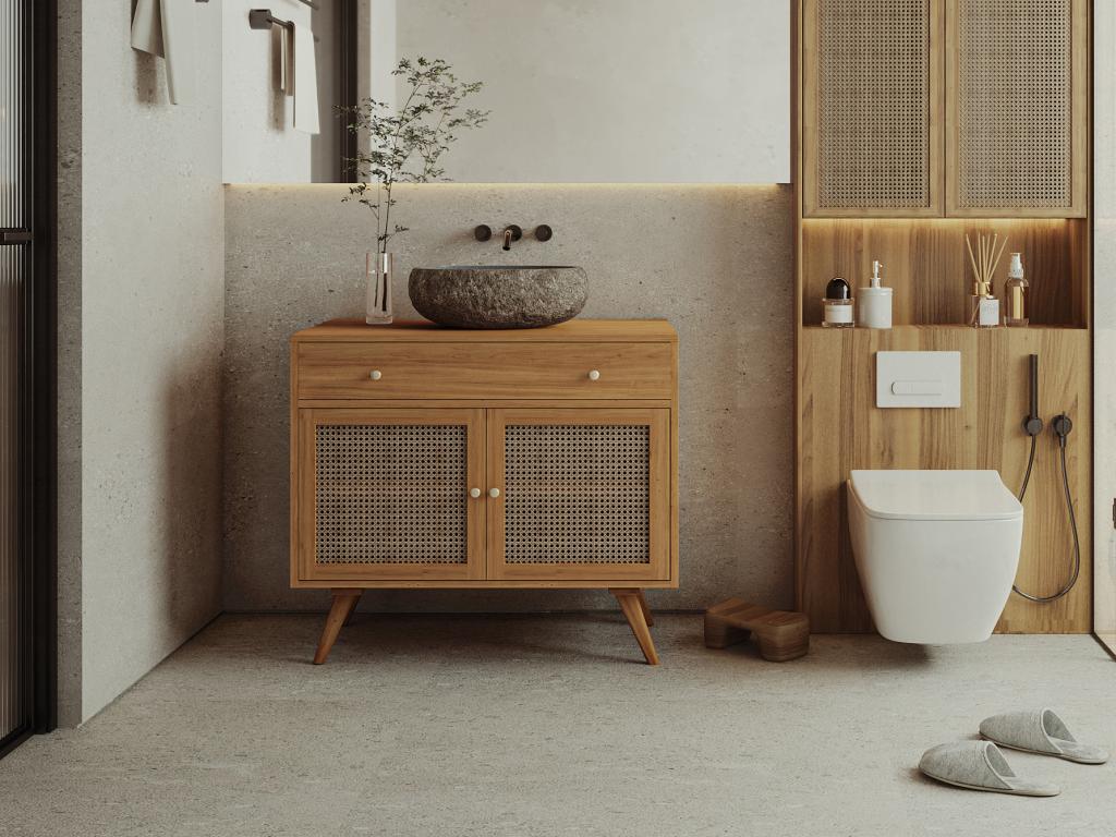Waschbeckenunterschrank aus hellem Teakholz & Rohrgeflecht - 90 cm - MANSUL günstig online kaufen