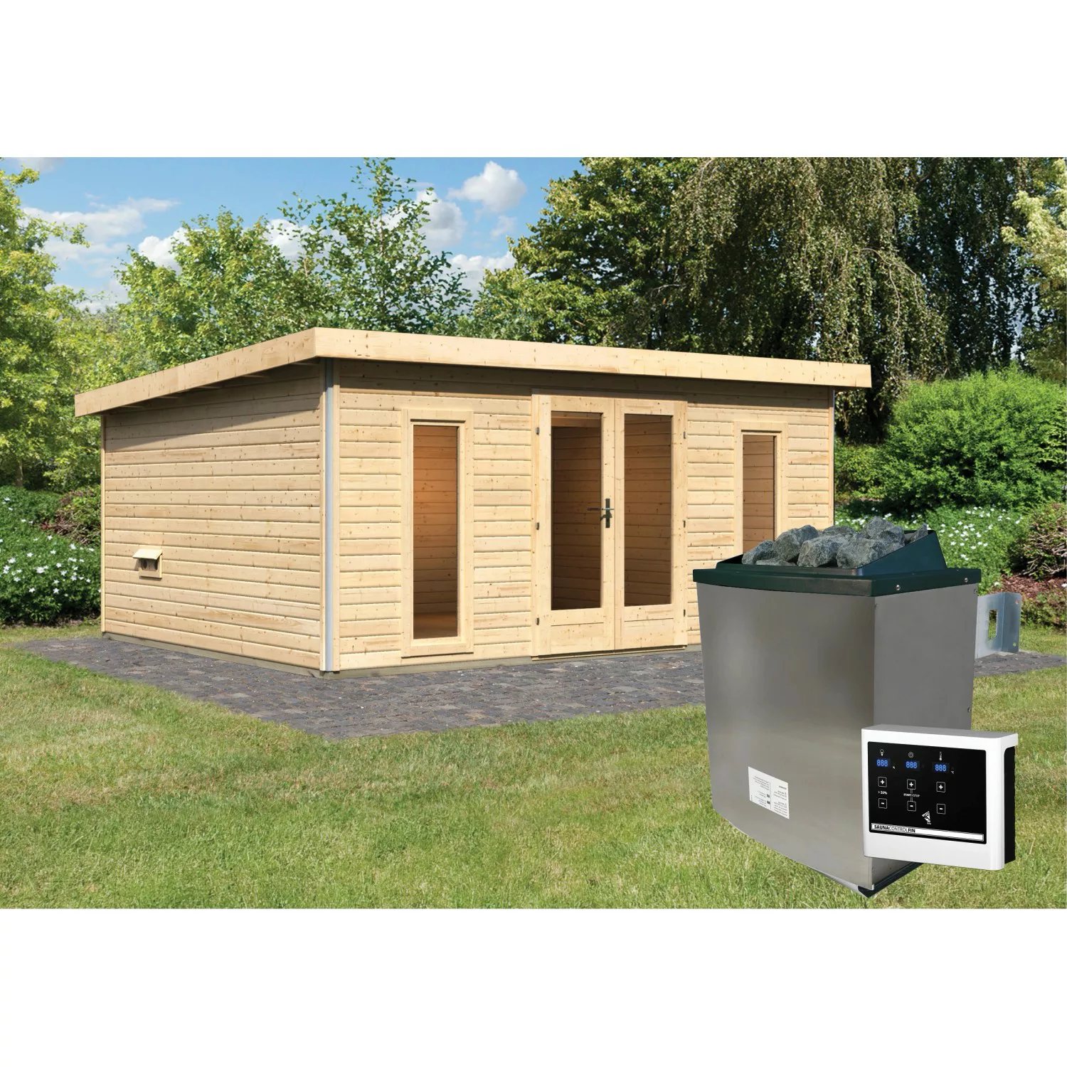 Karibu Saunahaus Magnus 4 Set A Natur mit Ofen 9 kW ext. Strg. günstig online kaufen