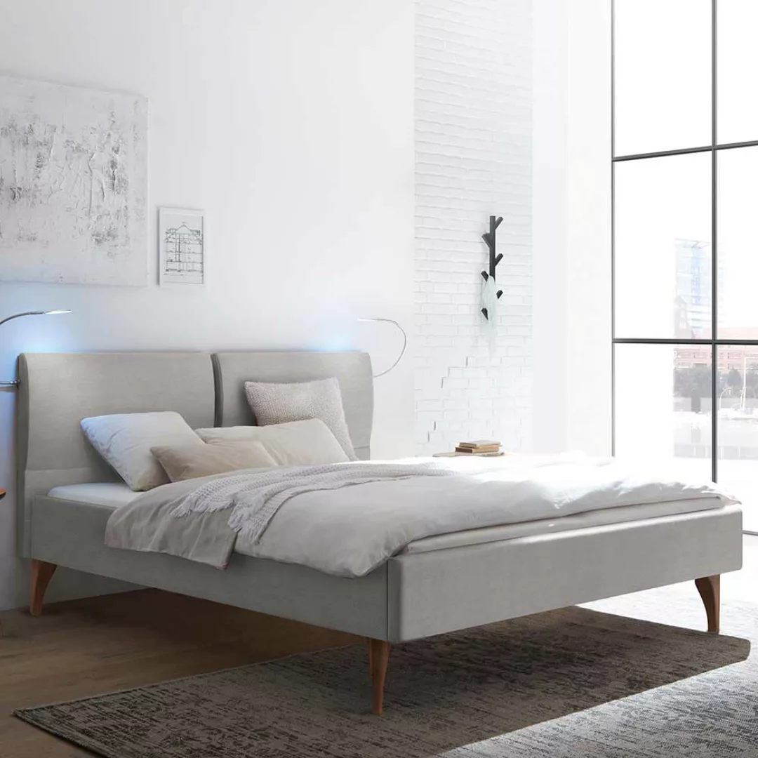 Doppel Bett Grau Stoff 43 cm Einstiegshöhe Vierfußgestell aus Holz günstig online kaufen