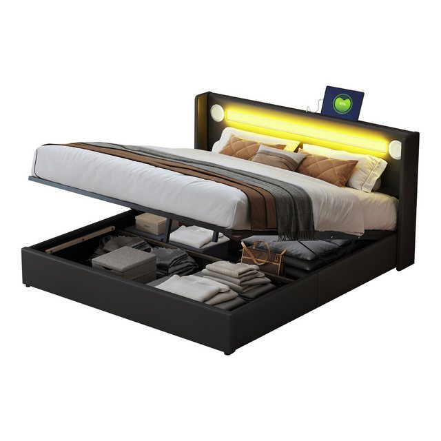 HAUSS SPLOE Polsterbett 160x200 mit LED-Lichtleiste, Bluetooth-Player, USB- günstig online kaufen