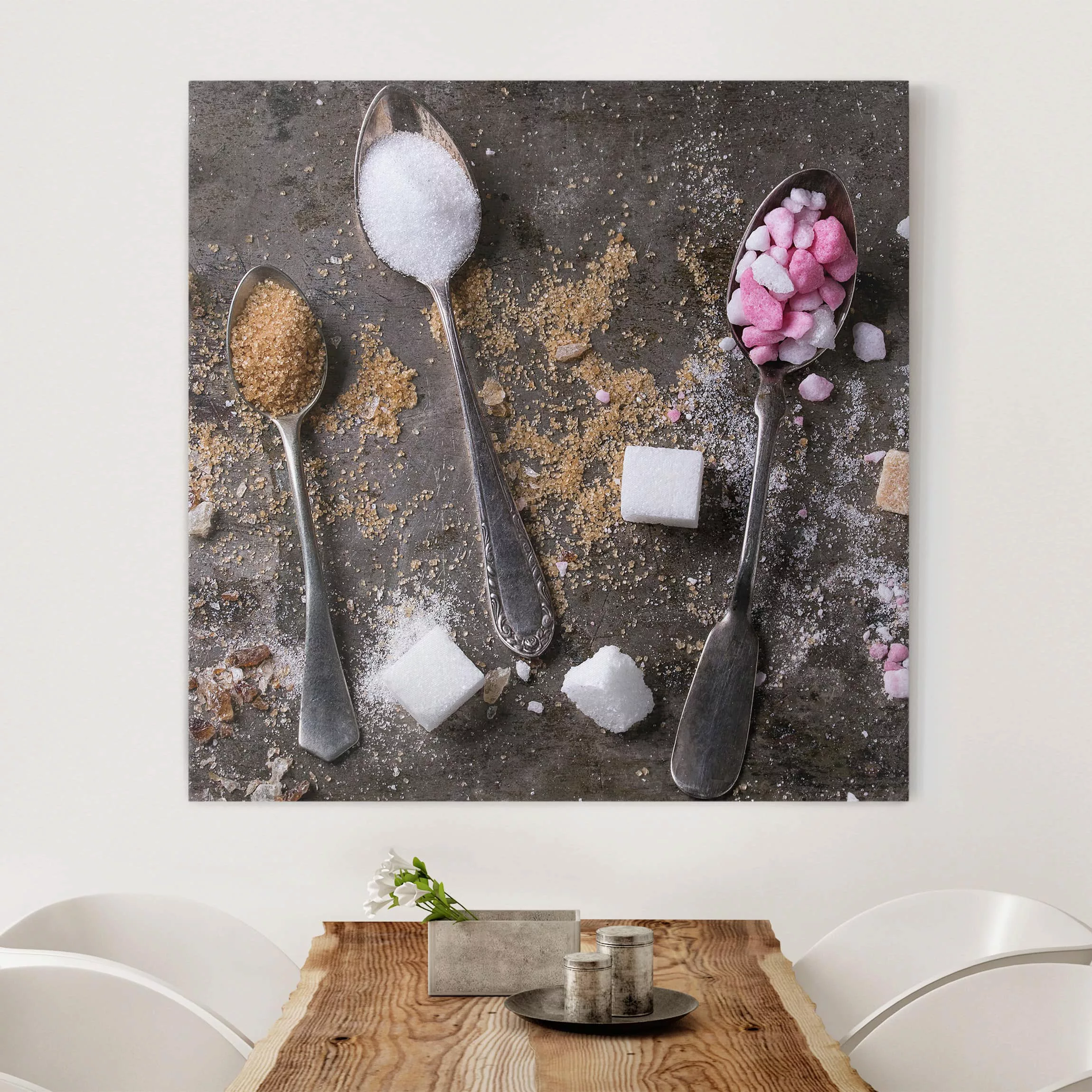 Leinwandbild Küche - Quadrat Vintage Löffel mit Zucker günstig online kaufen