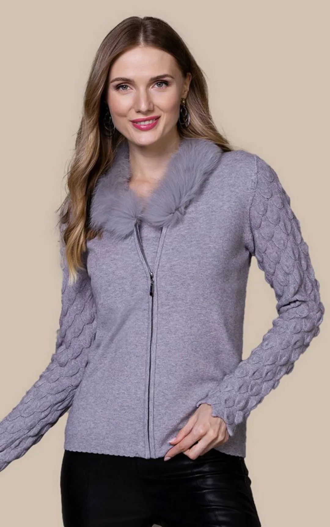 Passioni Cardigan Edles Twinset mit Kunstpelz Kragen und 3D-Muster günstig online kaufen