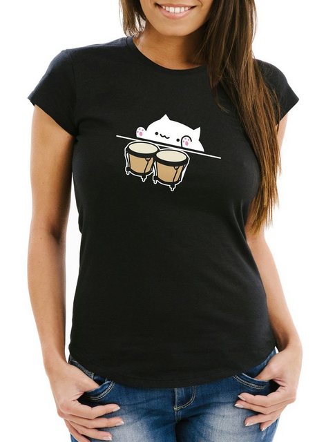 MoonWorks Print-Shirt Bongo Cat Damen T-Shirt Meme Slim Fit Moonworks® mit günstig online kaufen