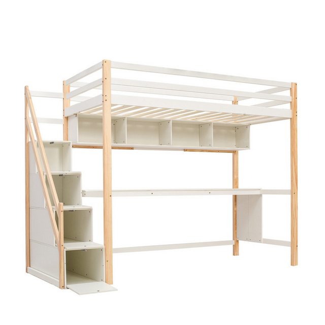 Odikalo Kinderbett Hochbett Stauraum Treppe Kiefernholz Schreibtisch Regale günstig online kaufen