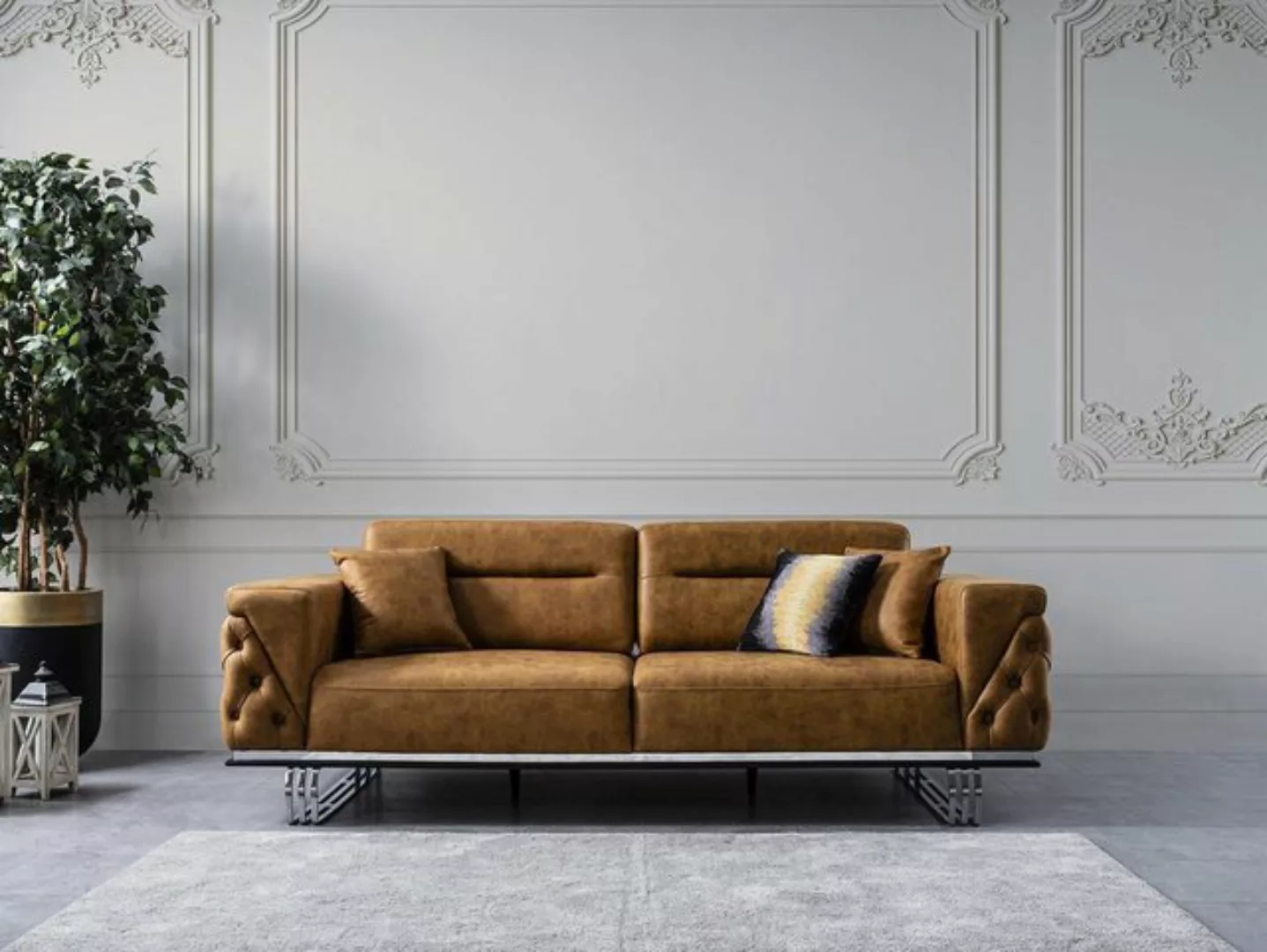 Xlmoebel Sofa Luxuriöses braunes Kunstleder-Sofa für vier Personen im Wohnz günstig online kaufen