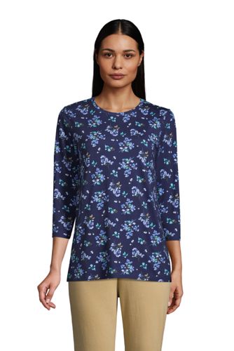 Supima-Shirt mit 3/4-Ärmeln in Petite-Größe, Damen, Größe: L Petite, Blau, günstig online kaufen