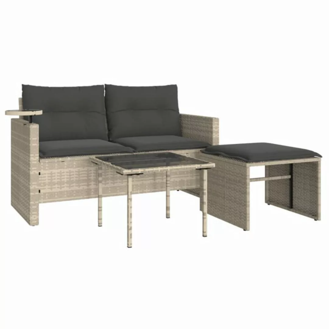 vidaXL Loungesofa 3-tlg. Garten-Sofagarnitur mit Kissen Hellgrau Poly Ratta günstig online kaufen