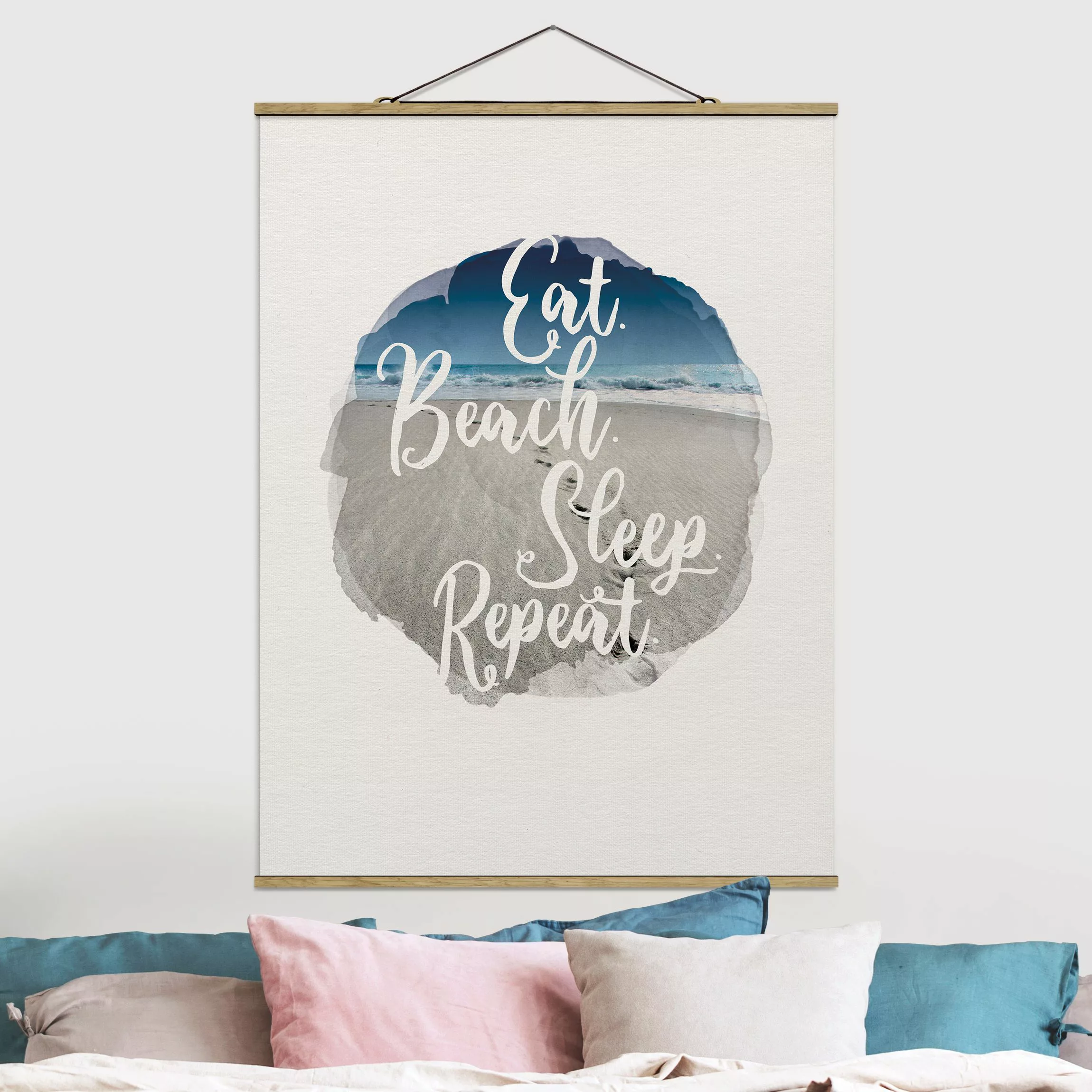 Stoffbild Spruch mit Posterleisten - Hochformat Wasserfarben - Eat.Beach.Sl günstig online kaufen