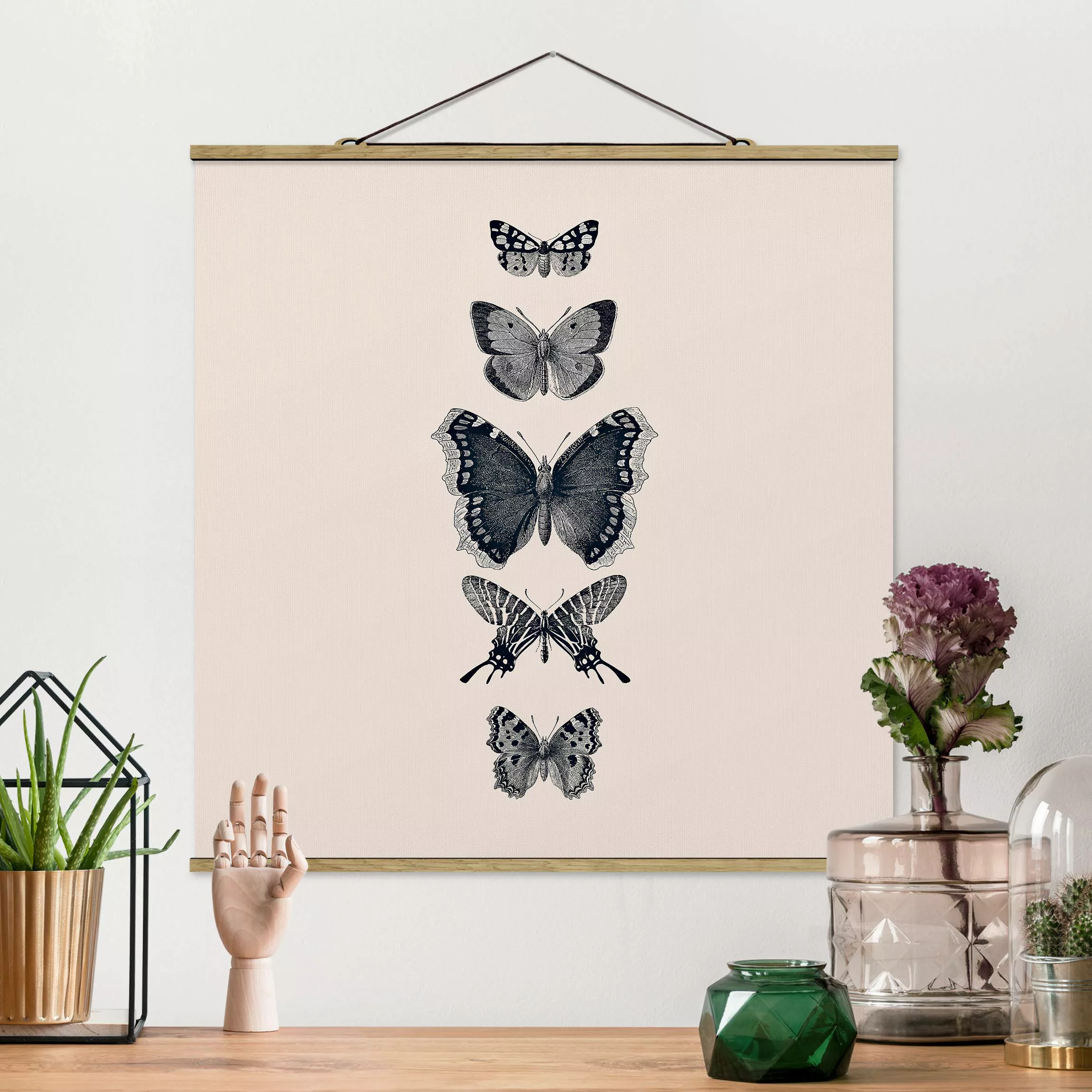 Stoffbild mit Posterleisten Tusche Schmetterlinge auf Beige günstig online kaufen