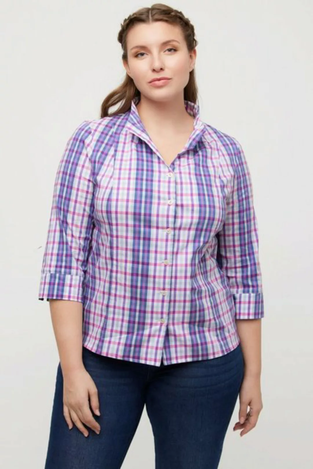 Ulla Popken Longbluse Bluse Karo Slim Kelchkragen V-Ausschnitt 3/4-Arm günstig online kaufen