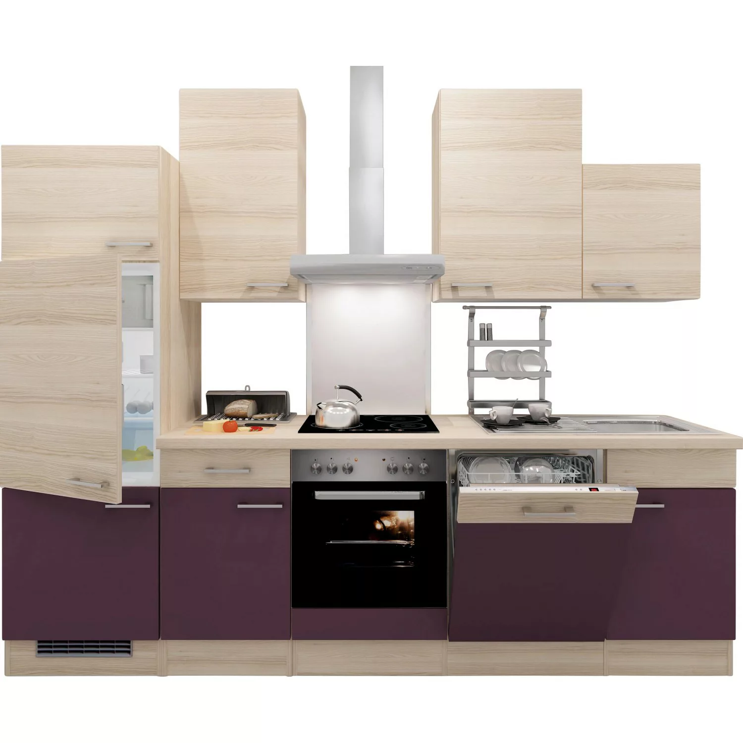 Flex-Well Exclusiv Küchenzeile Focus 280 cm Akazie Nachbildung Aubergine günstig online kaufen