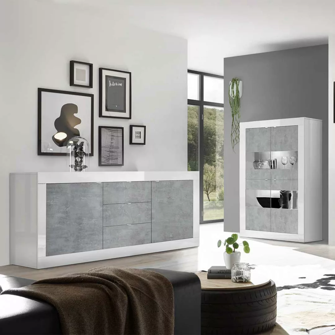 Wohnzimmeranbauwand in Beton Grau Weiß Hochglanz (zweiteilig) günstig online kaufen