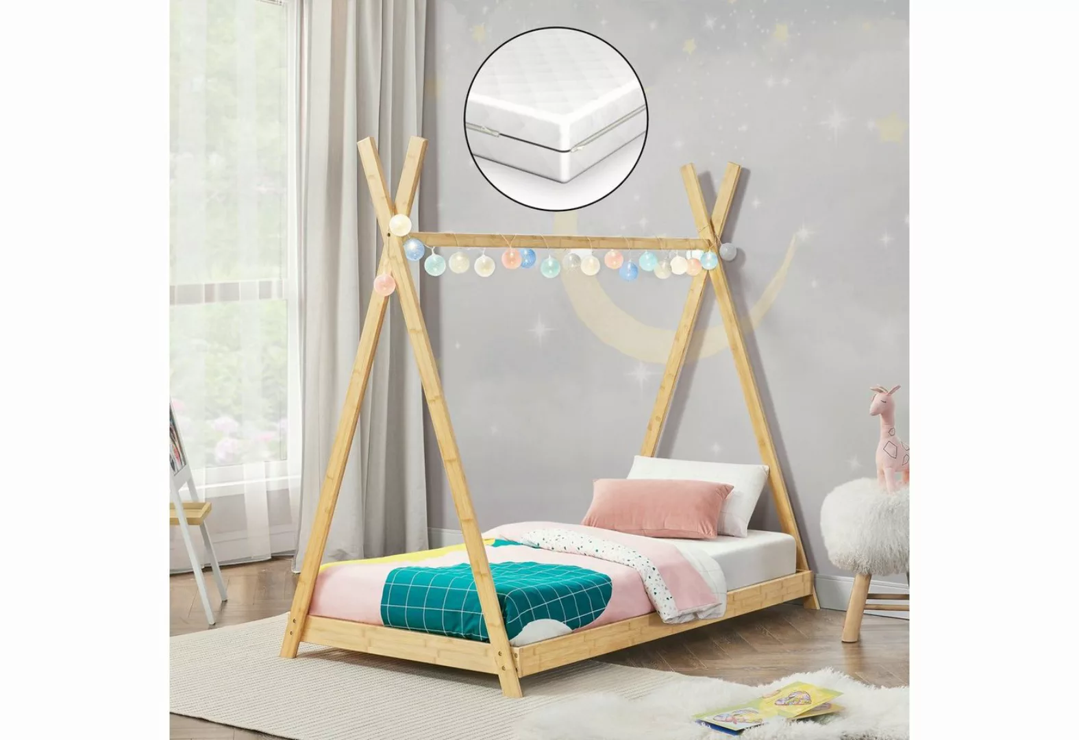 en.casa Kinderbett, »Vimpeli« Bambus mit Matratze 70 x 140 cm günstig online kaufen