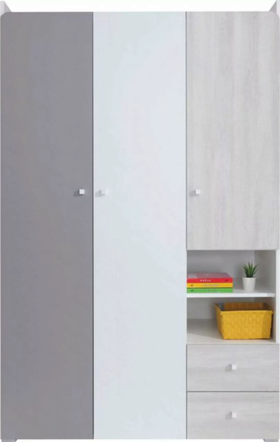 Stylefy Kinderkleiderschrank Rono Weiß Hochglanz Eiche Wilton Weiss Grau (K günstig online kaufen