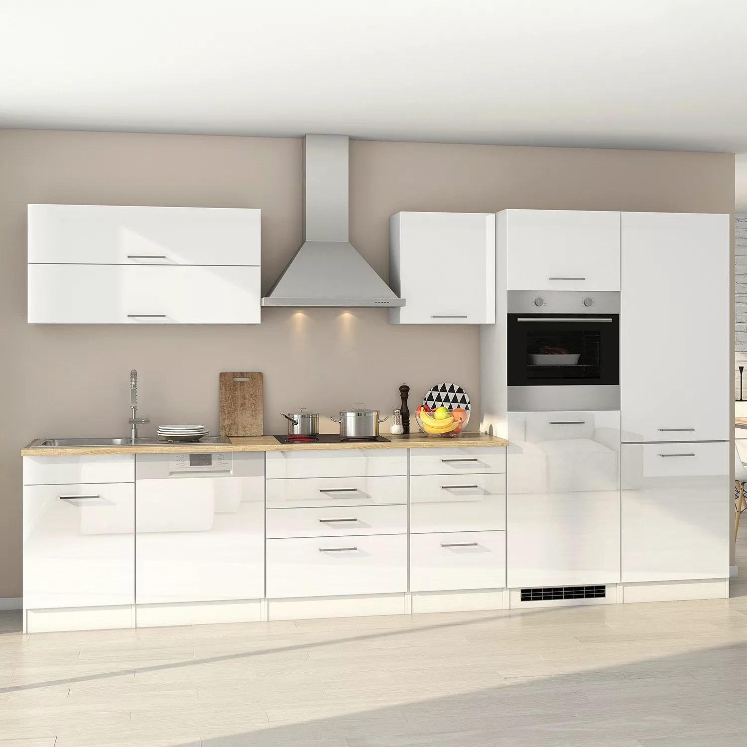 Held Möbel Küchenzeile Mailand 360 cm Weiß Hochglanz-Weiß Matt mit E-Geräte günstig online kaufen
