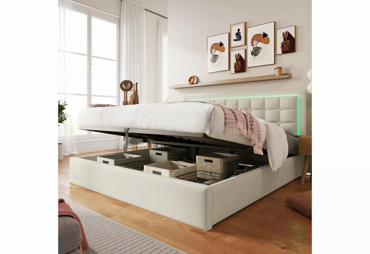 IDEASY Polsterbett Doppelbett mit Hydraulikstange Stauraum, (LED-Beleuchtun günstig online kaufen