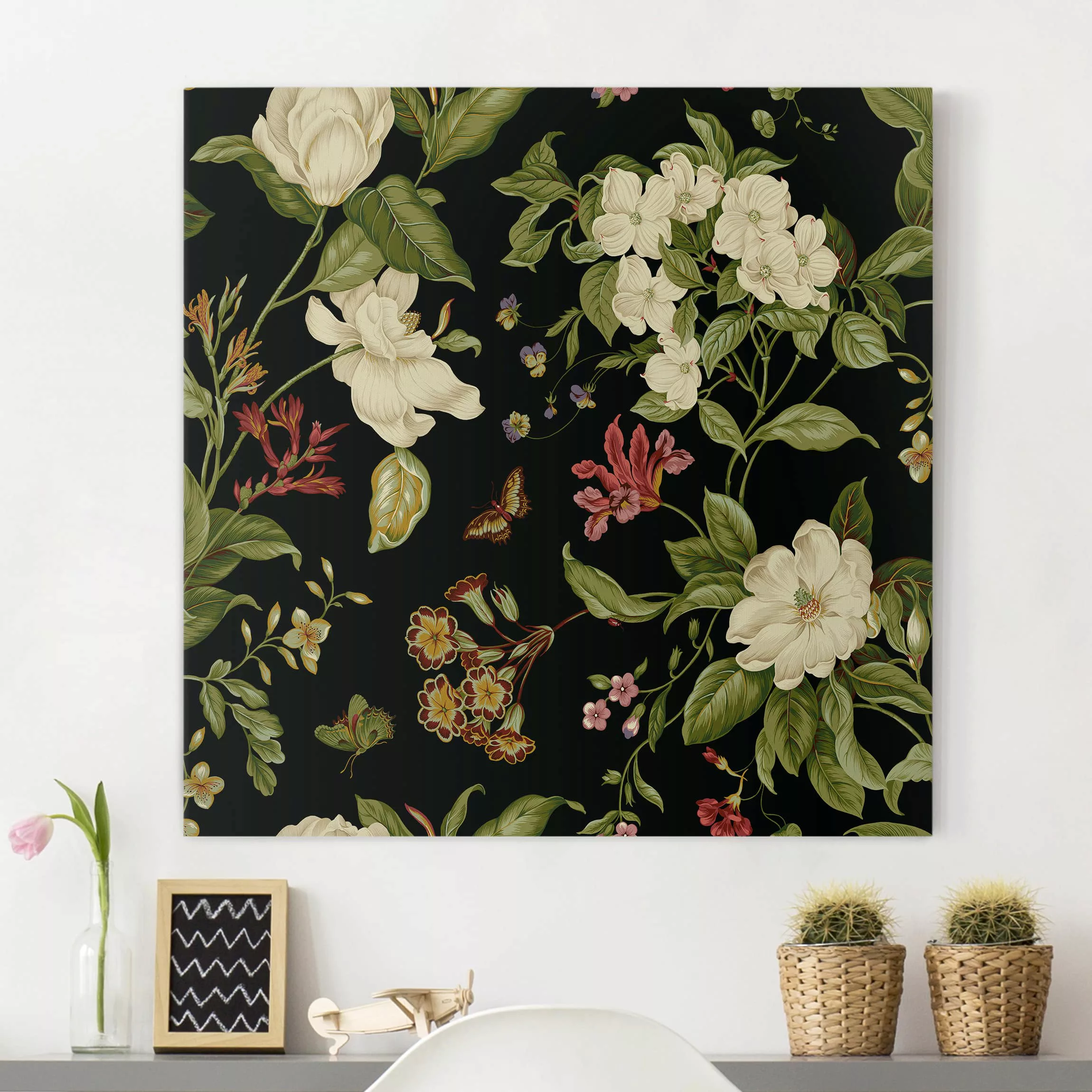 Leinwandbild Blumen - Quadrat Gartenblumen auf Schwarz II günstig online kaufen