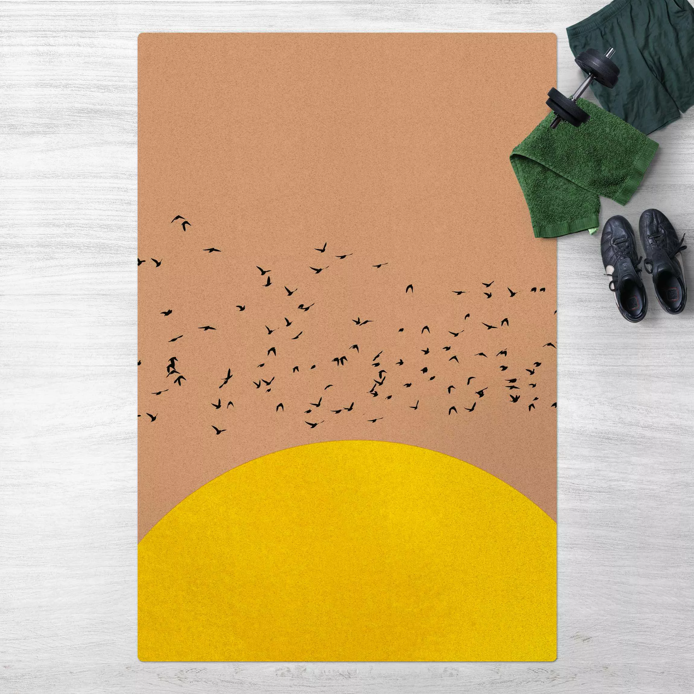 Kork-Teppich Vogelschwarm vor gelber Sonne günstig online kaufen