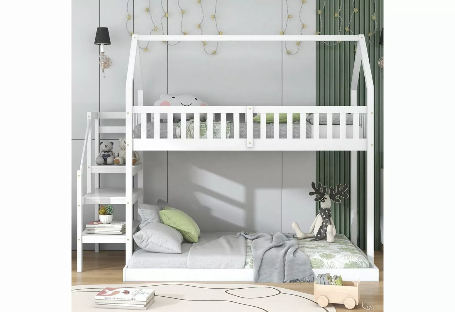 Fangqi Bett 90x200cm Etagenbett mit Treppe, Kinderbett mit Fallschutz und G günstig online kaufen