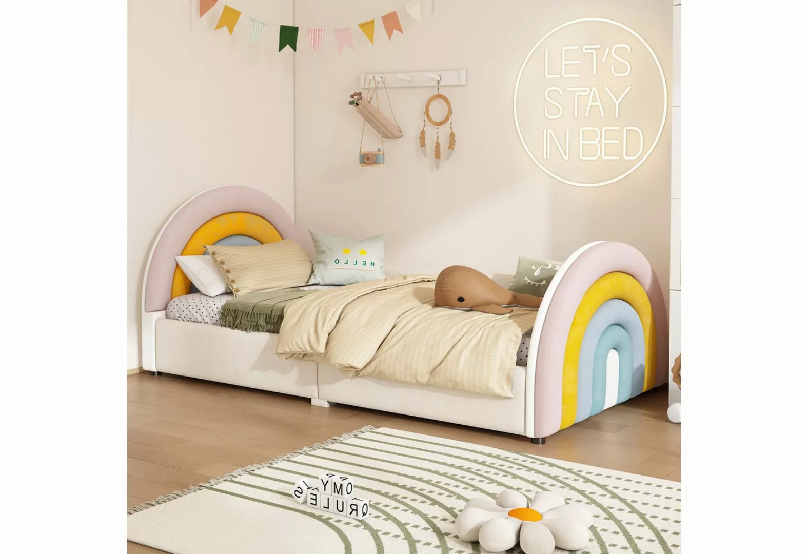 Flieks Polsterbett, Kinderbett 90x200cm mit Regenbogenform und hochklappbar günstig online kaufen