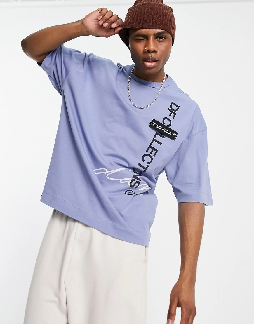 ASOS – Dark Future – Oversize-T-Shirt in Blau mit mehrfarbigen Logos günstig online kaufen