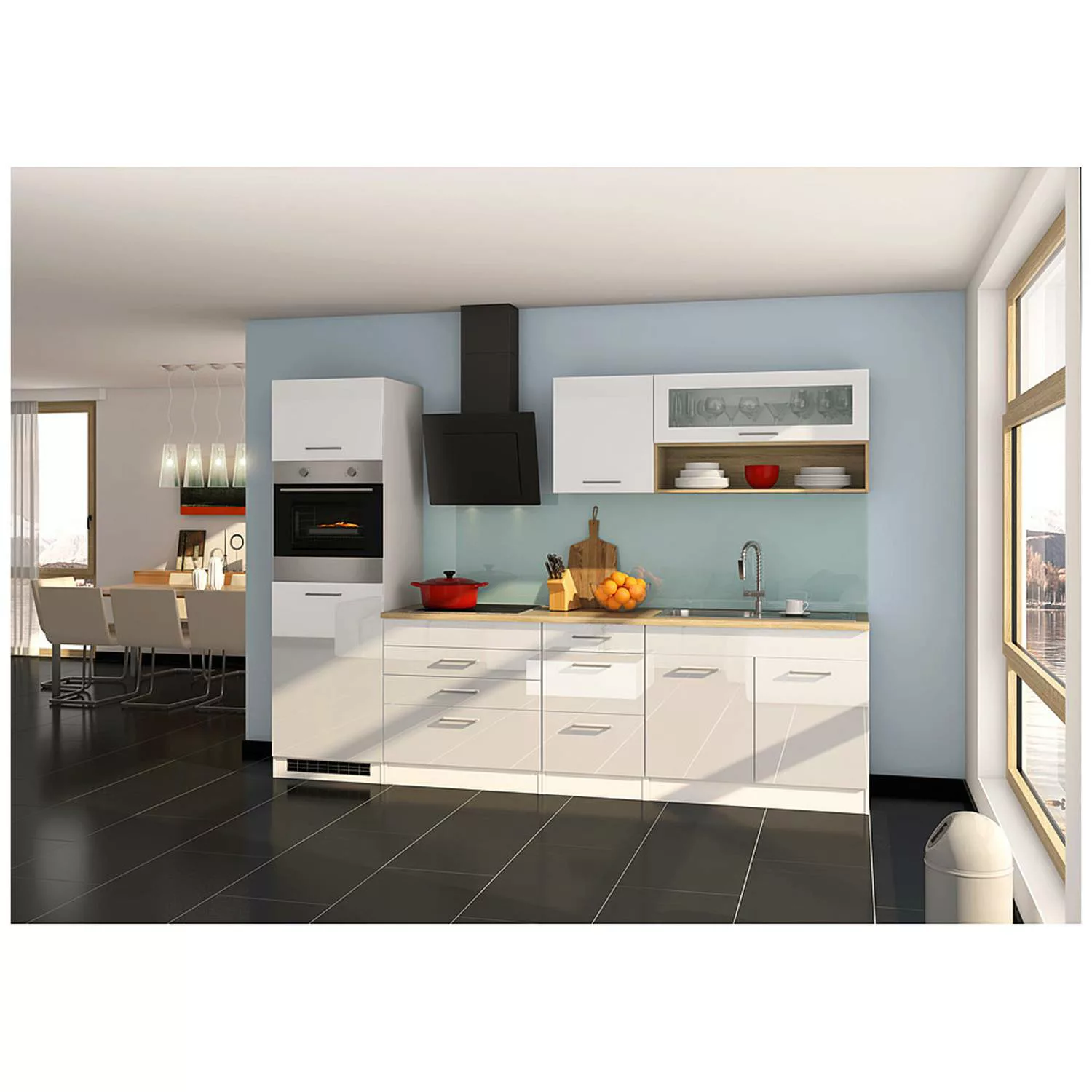 Küchenzeile 290 cm Weiß Hochglanz, inkl. E-Geräte MARANELLO-03, Design-Glas günstig online kaufen