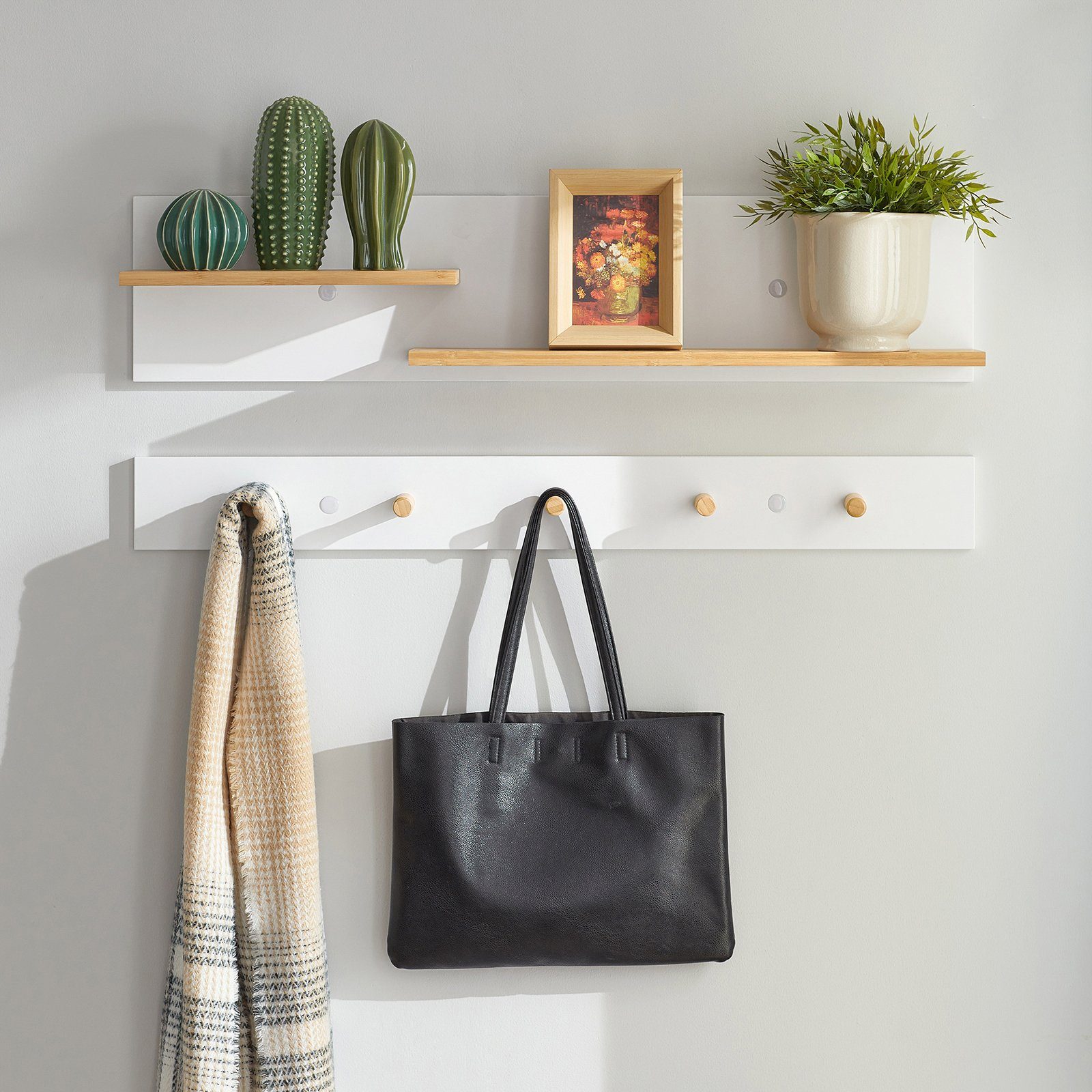 SoBuy 2-teilige Wandgarderobe mit Ablagen und 5 Haken MDF Bambus Weiß FHK21 günstig online kaufen