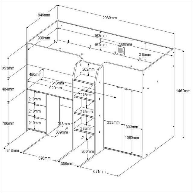 Parisot Hochbett Tom (Stauraumbett 90 x 200 cm, inkl. Kleiderschrank und Sc günstig online kaufen