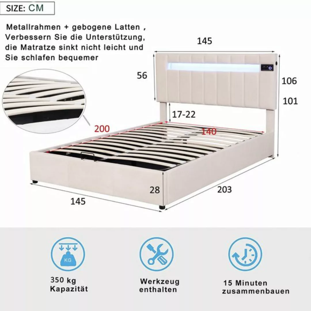 WISHDOR Polsterbett Doppelbett Stauraumbett Bett mit Lattenrost (140x200cm günstig online kaufen