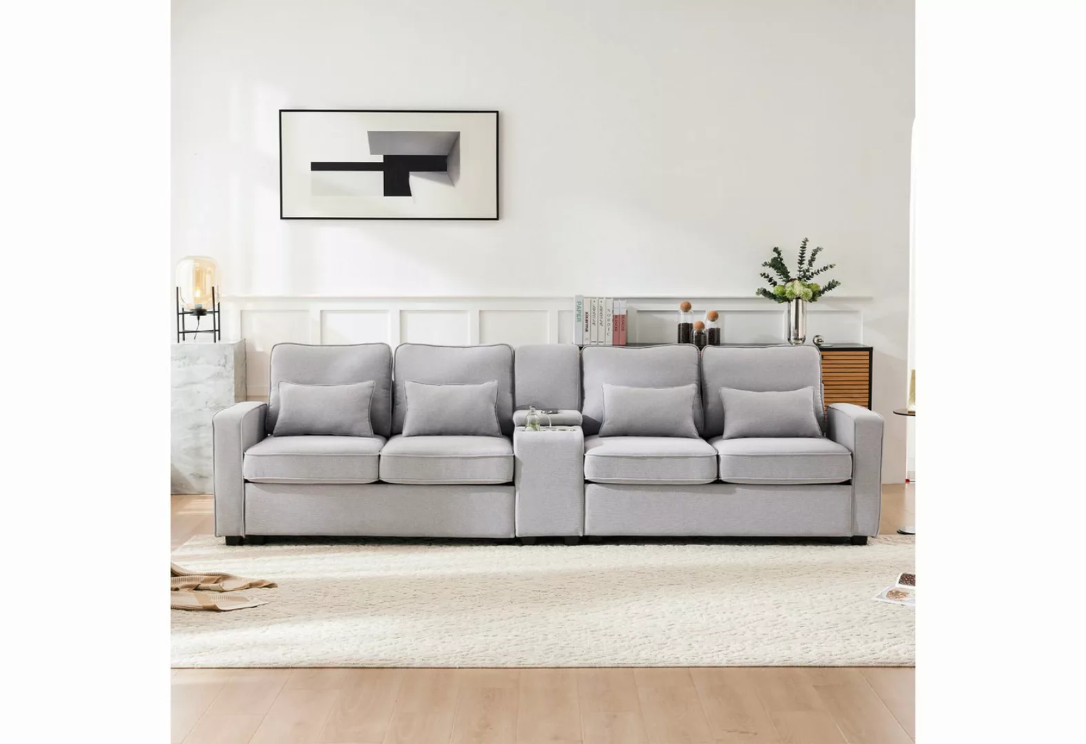 REDOM Sofa Schlafsofa, 4-Sitzer-Sofa aus Leinenstoff, mit Konsole, 2 Geträn günstig online kaufen