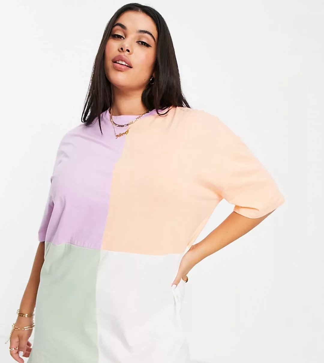 Missguided Plus – Kurzes T-Shirt-Kleid mit mehrfarbigem Farbblock-Design günstig online kaufen