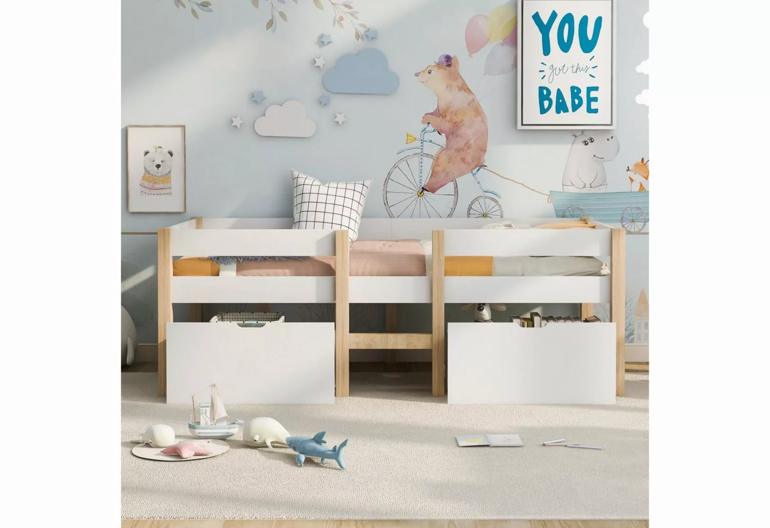 Ulife Kinderbett weißes beige Einzelbett, Hochbett mit Schublade & Rausfall günstig online kaufen