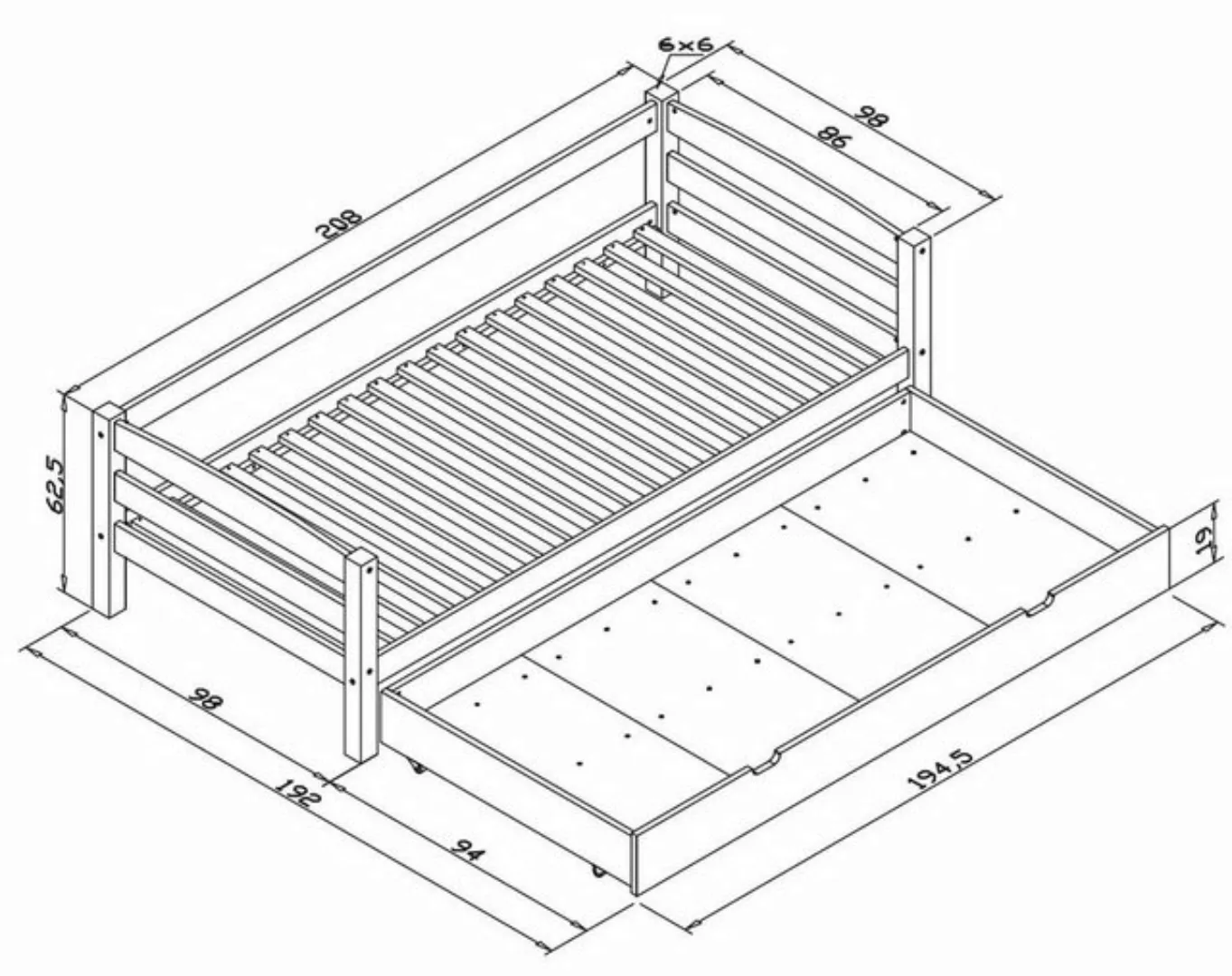 58 aufm Kessel Bettgestell Seniorenbett Gisselle 208x98x63 Einzelbett Massi günstig online kaufen