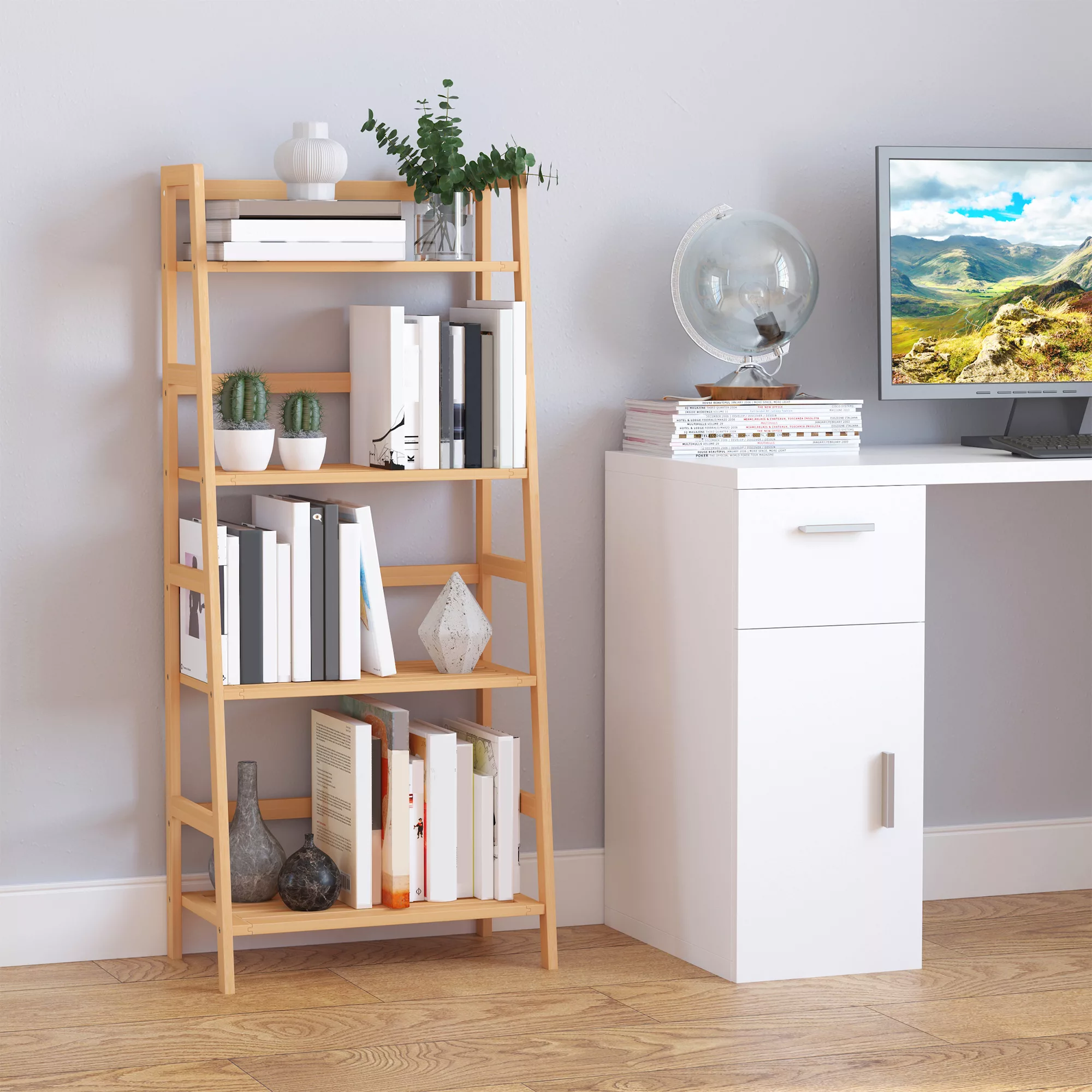 HOMCOM Bücherregal Standregal mit 4 Ebenen Aufbewahrungsregal aus Bambus Bü günstig online kaufen