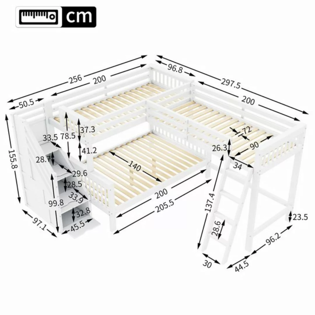 Flieks Etagenbett, Kinderbett Dreierbett 140x200cm*1+90x200cm*2 mit Staurau günstig online kaufen