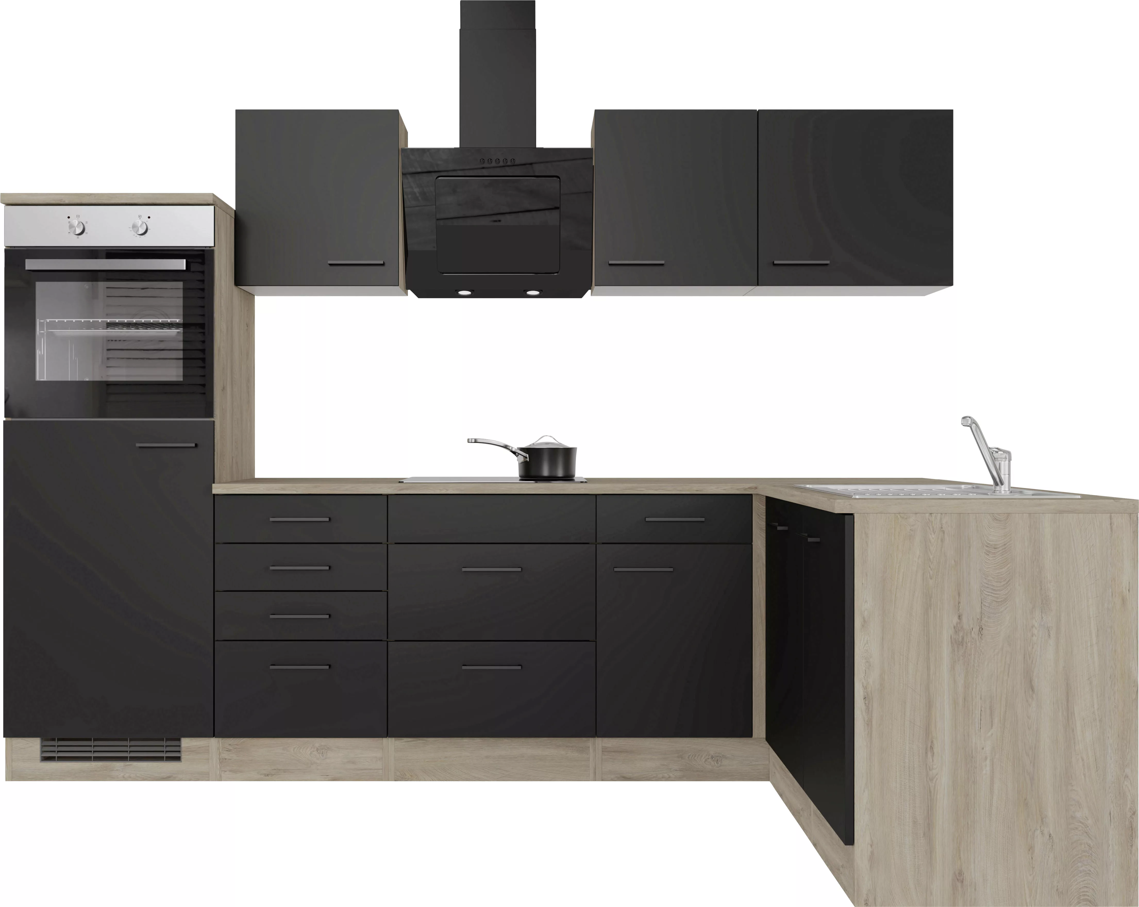 Flex-Well Exclusiv Winkelküche Capri 280 x 170 cm Schwarz Matt-Endgrain Oak günstig online kaufen