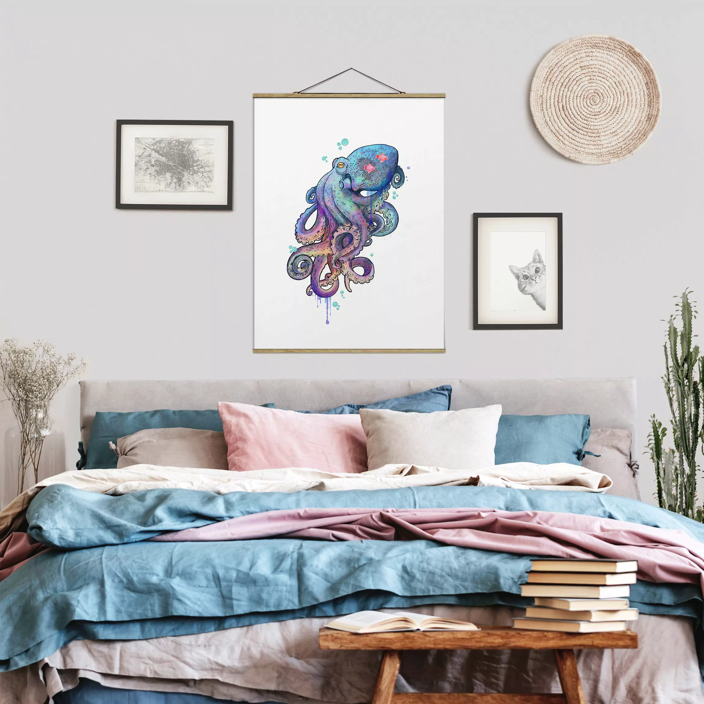Stoffbild Tiere mit Posterleisten - Hochformat Illustration Oktopus Violett günstig online kaufen