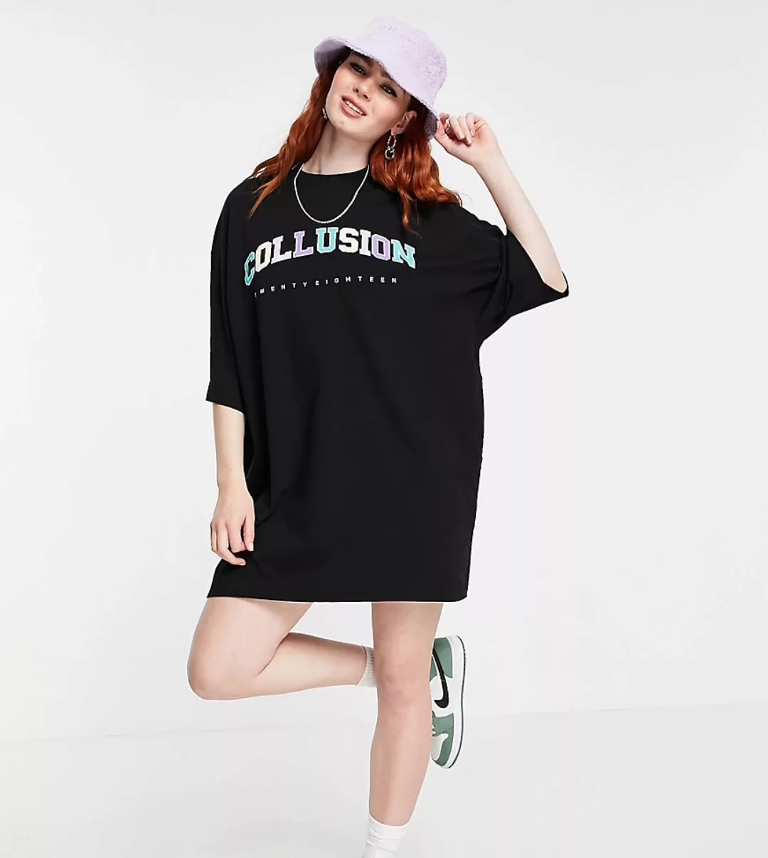 COLLUSION – T-Shirt-Kleid in Schwarz mit College-Print günstig online kaufen