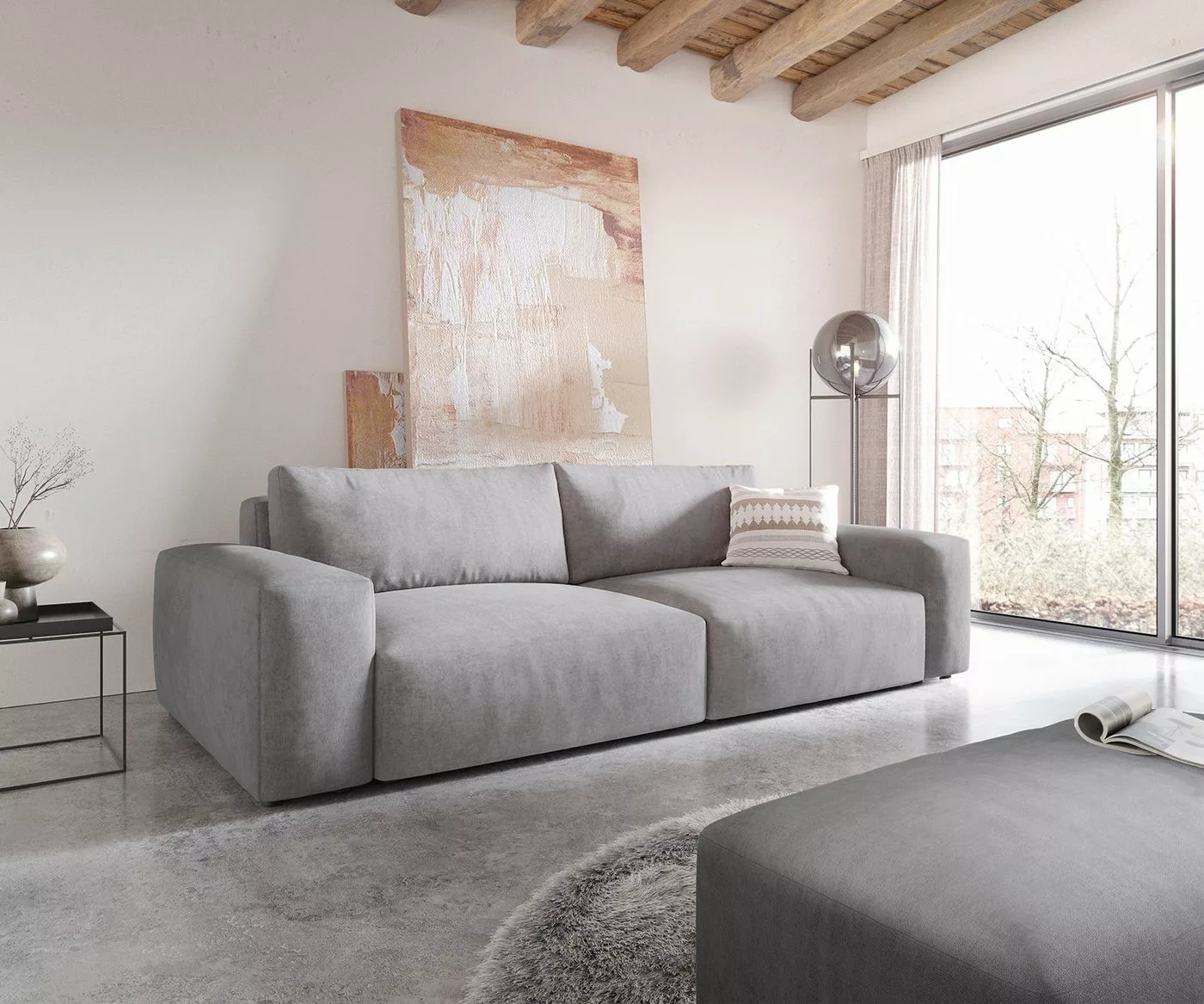 DELIFE Big-Sofa Lanzo, XL Bouclé Creme-Weiß 270x130 cm mit Hocker günstig online kaufen
