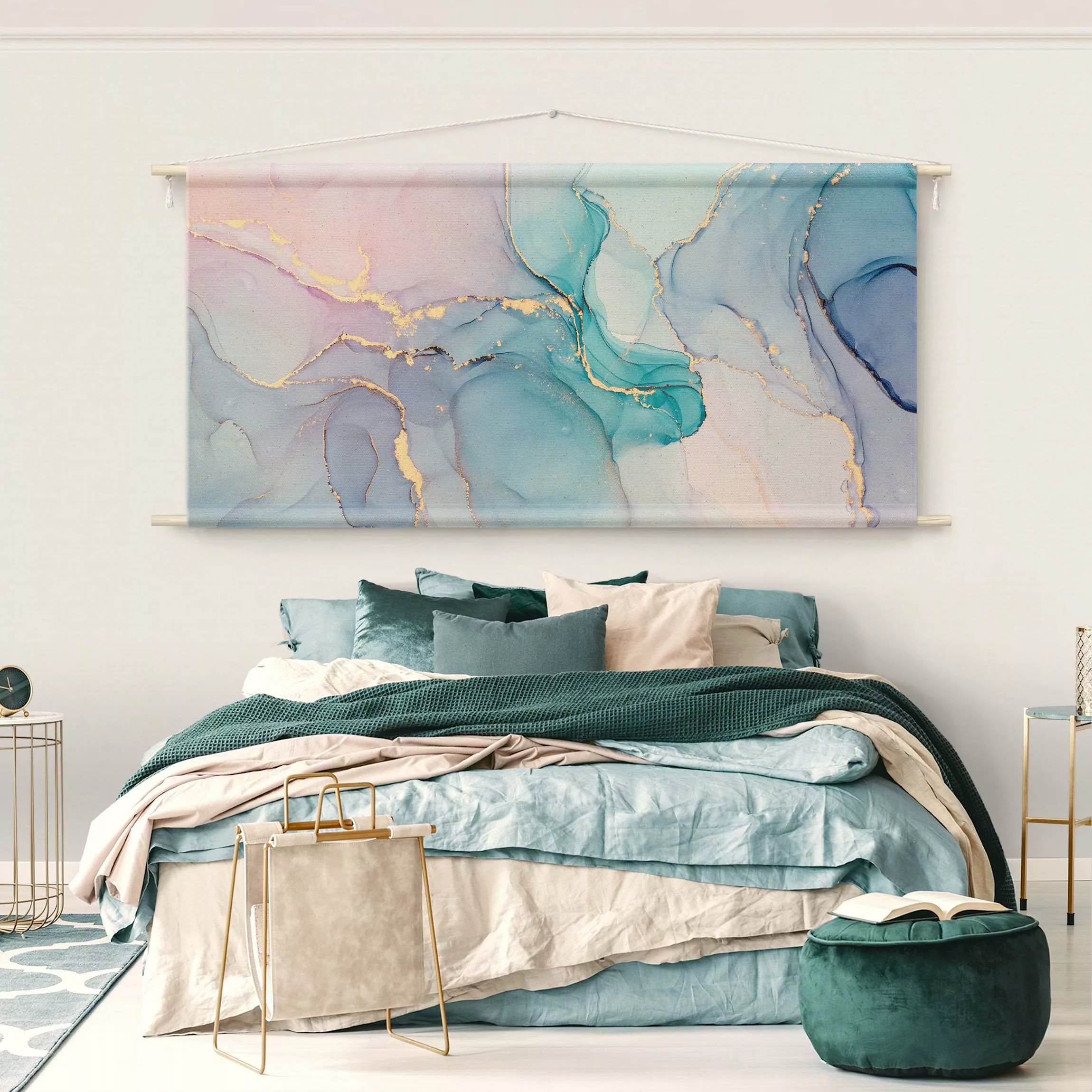 Wandteppich Aquarell Pastell Türkis mit Gold günstig online kaufen
