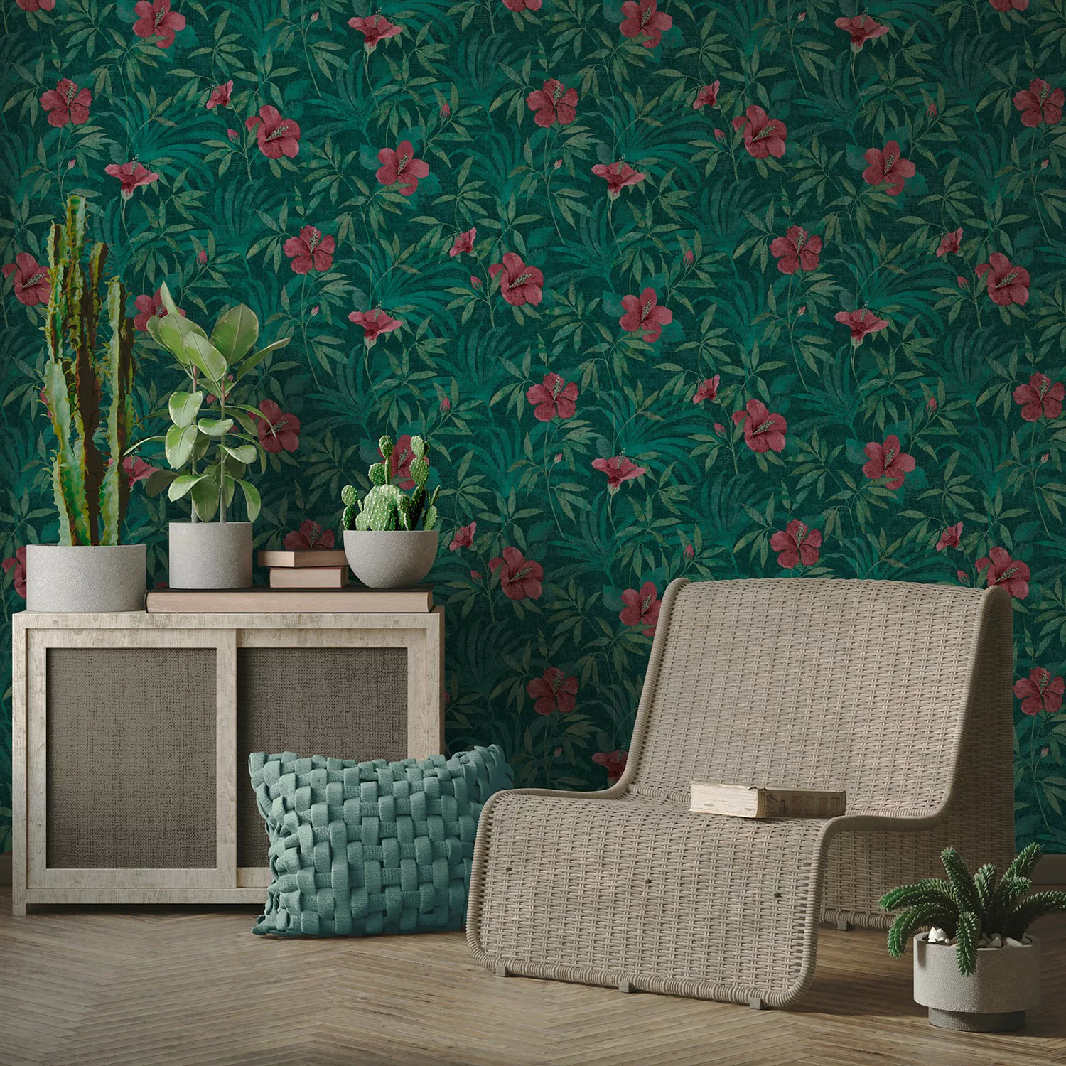 Bricoflor Tropical Tapete Floral Hibiskus Vliestapete mit Tropische Blätter günstig online kaufen