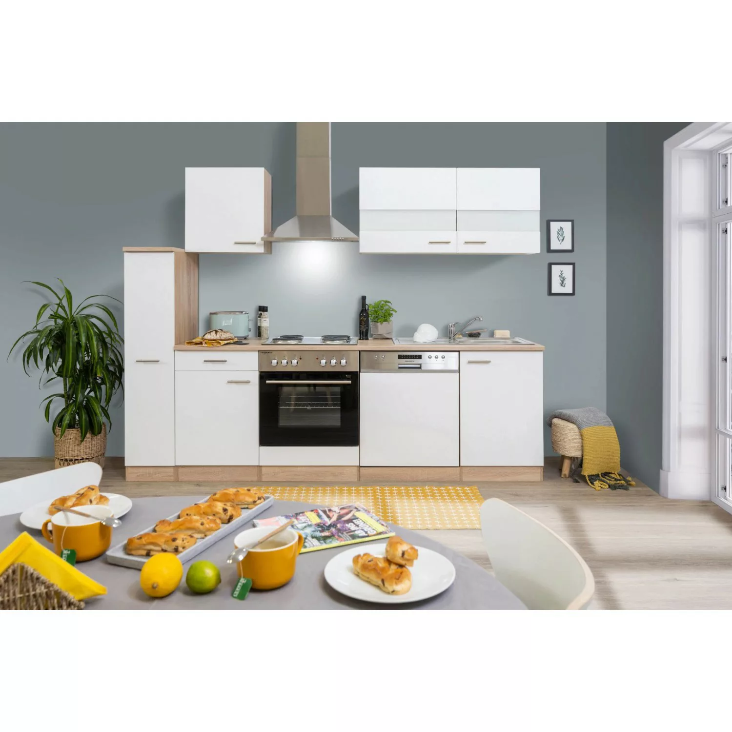 Respekta Küchenzeile/Küchenblock KB250ESW 250 cm Weiß-Eiche günstig online kaufen