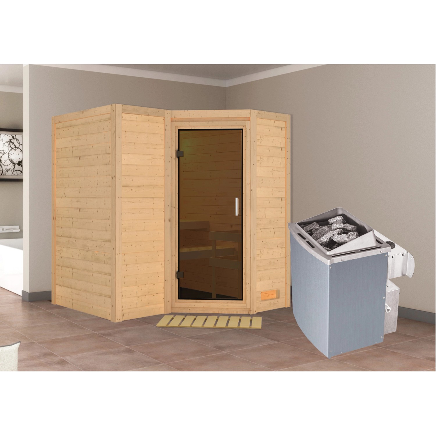 Woodfeeling Sauna-Set Steena 1 inkl. Ofen 9 kW mit integr. Steuerung, Tür G günstig online kaufen