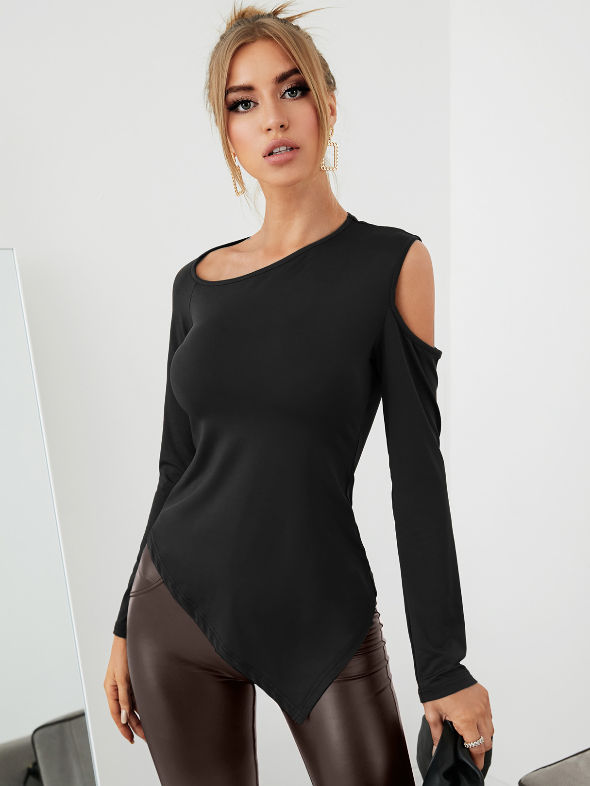 YOINS BASICS Unregelmäßiger Saum Asymmetrischer Hals Langarm T-Shirt günstig online kaufen