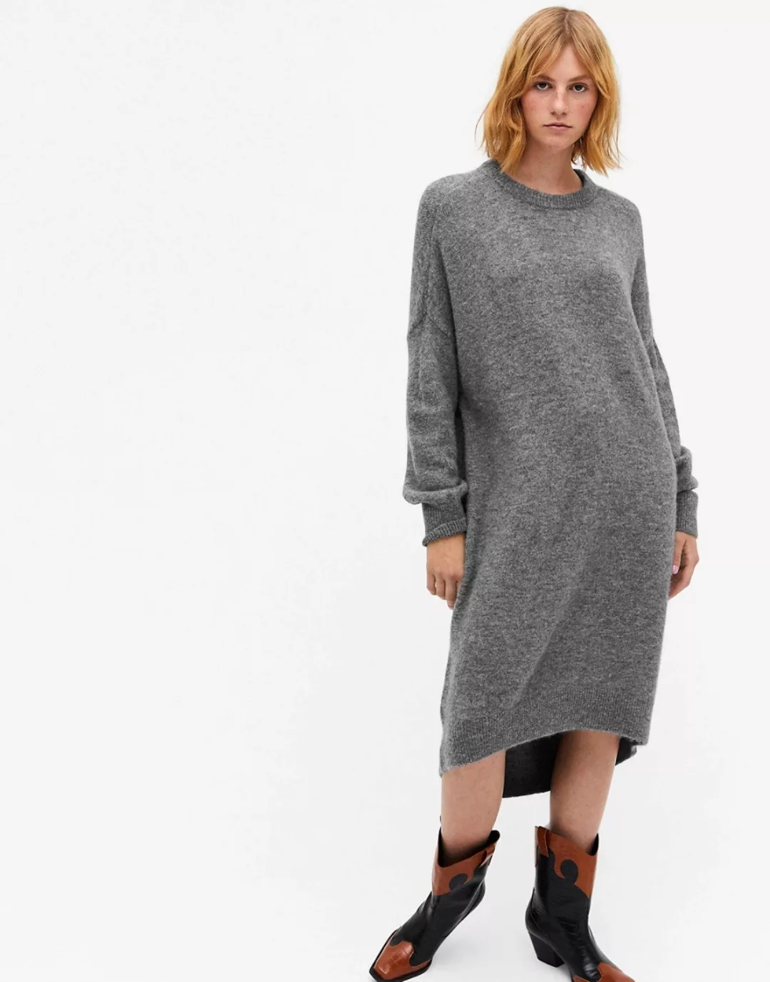 Monki – Meeko – Cocoon-Pulloverkleid aus grauem Strick günstig online kaufen